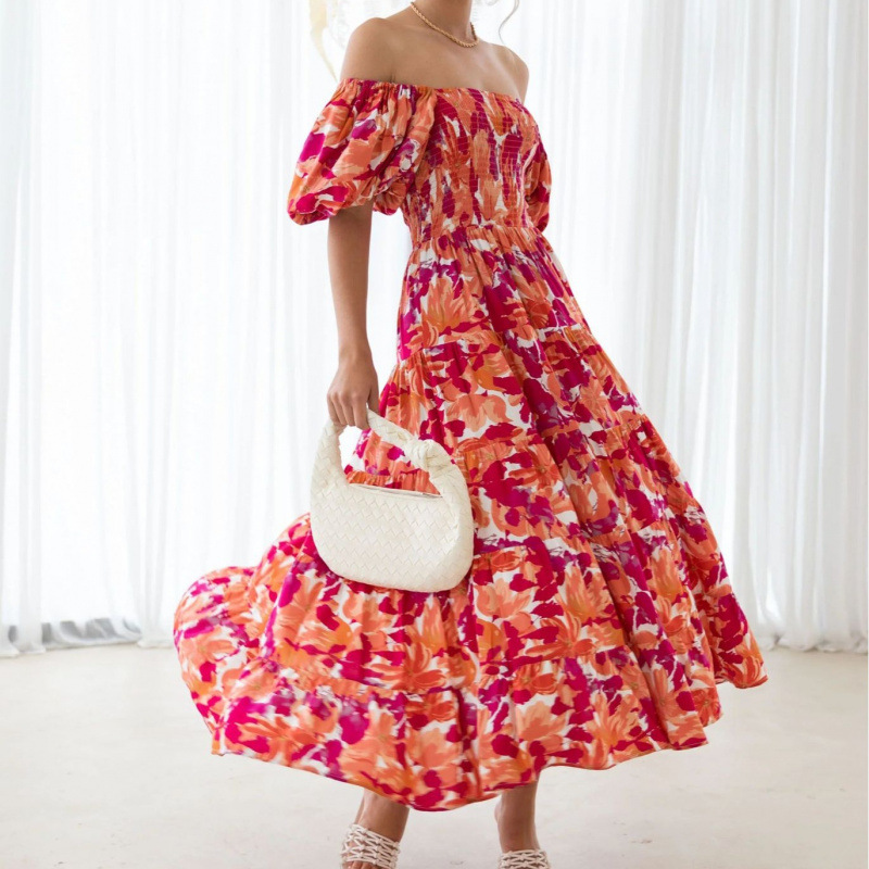 Square Neck Lantern Sleeve High Waist Off-Shoulder Loose Long Dress