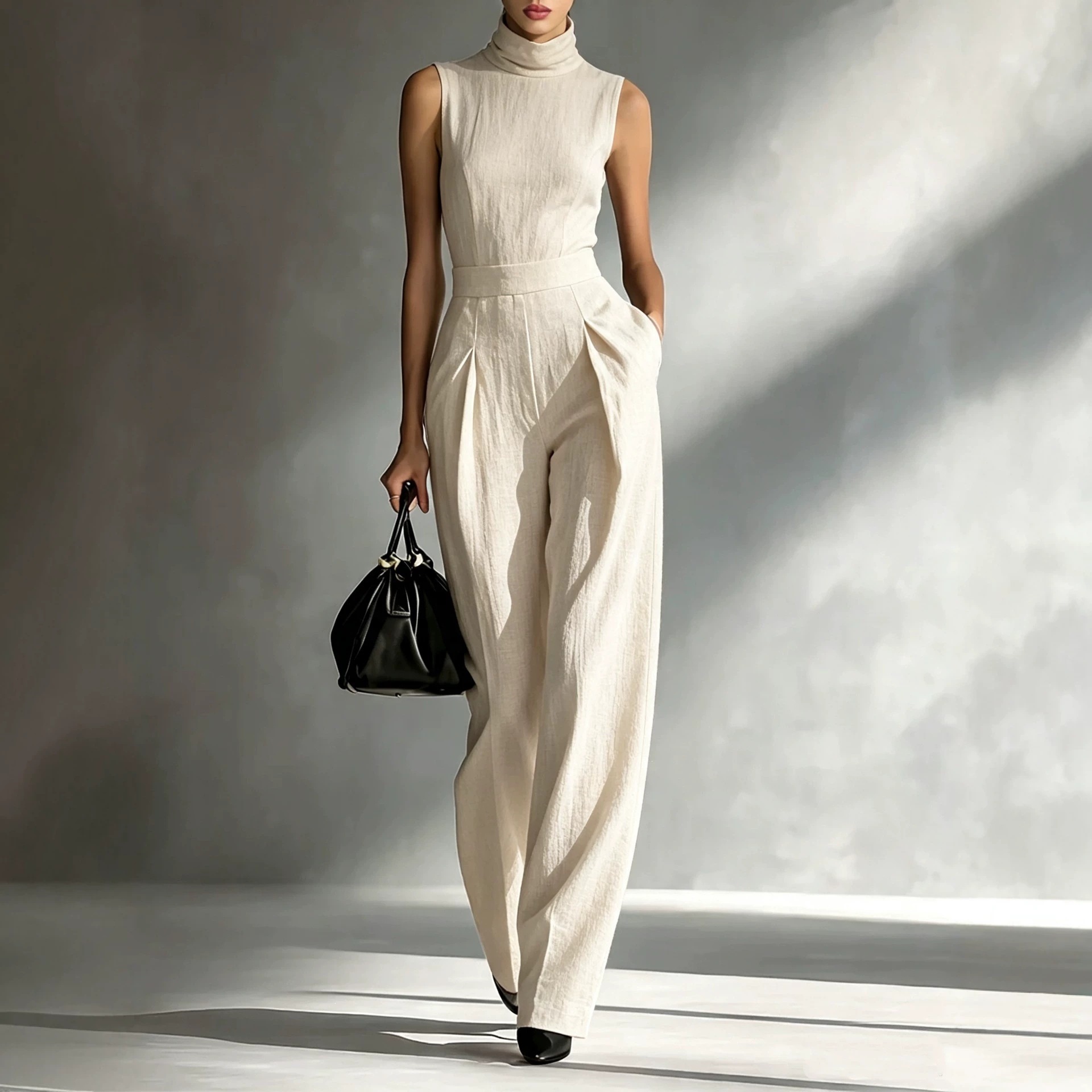 Sleeveless High Neck Wide Leg Jumpsuit with Cinched Waist