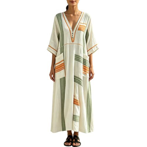 Women's Plaid & Solid Print Midi Dress with Deep V-Neck and Five-Quarter Sleeves