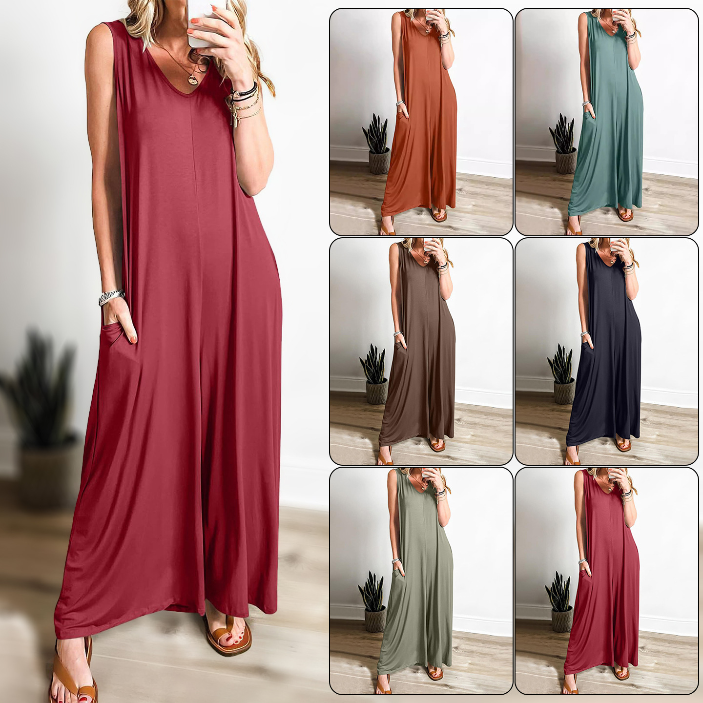 Women's Sleeveless Straight-Leg Jumpsuit with Pockets