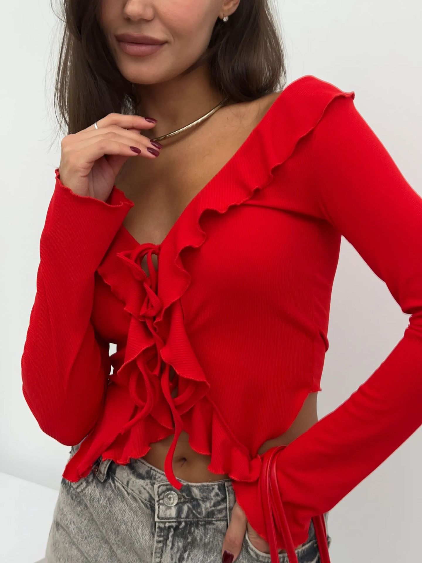 Ribbed Knit Deep V Ruffle Tie-Front Cardigan