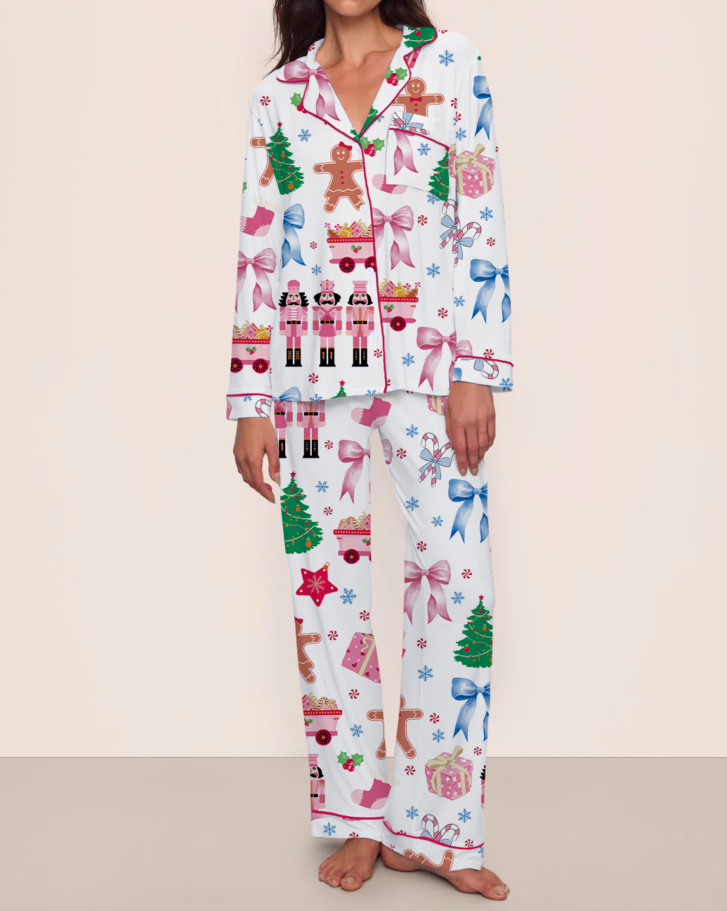 Women's Cuban Collar Tree Ribbon Bus Print Long Sleeve Shirt Set