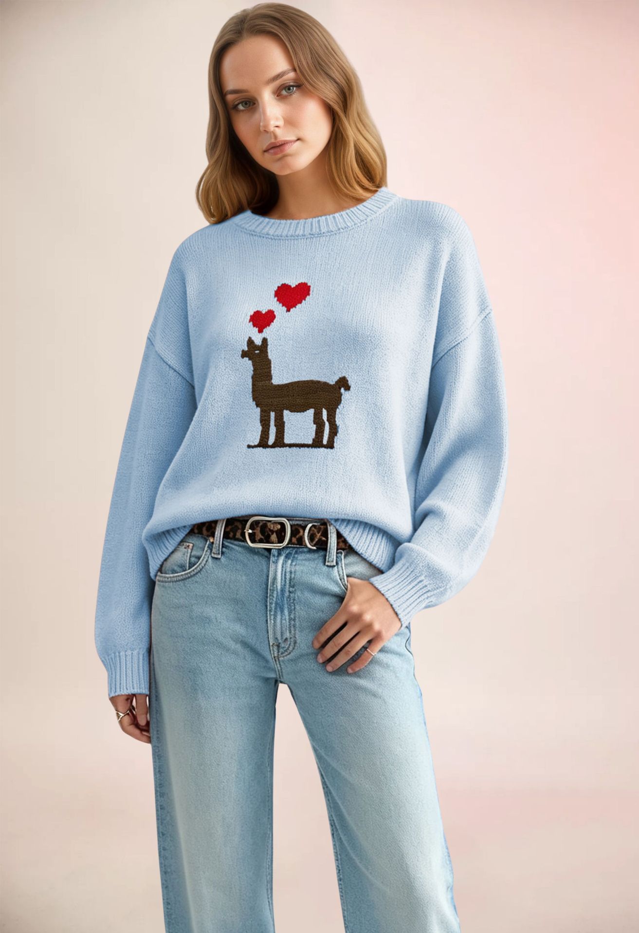 Heart Colorblock Crewneck Pullover Knit Sweater