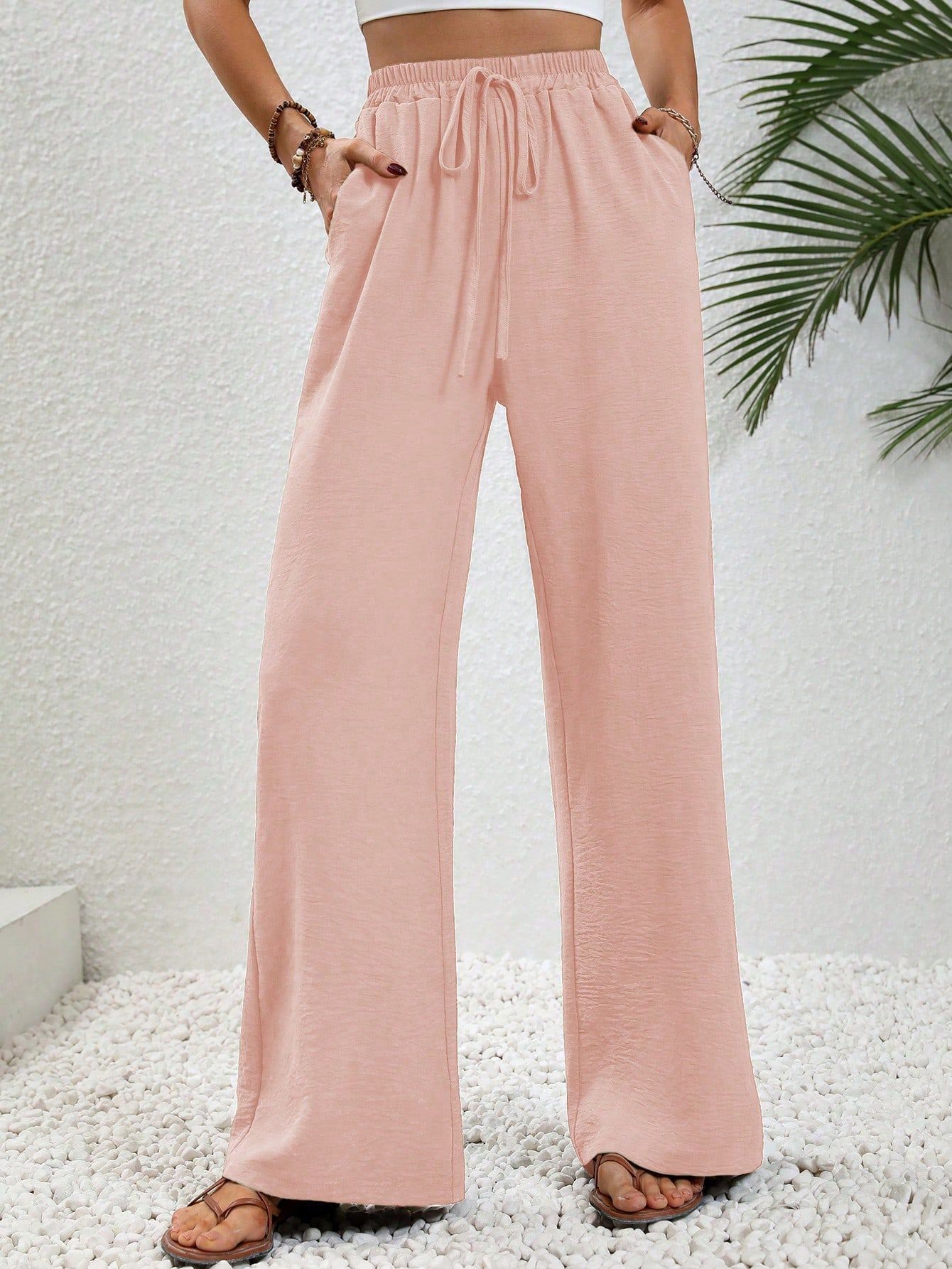 Women's Loose Wide-Leg Solid Color Floor-Length Casual Pants