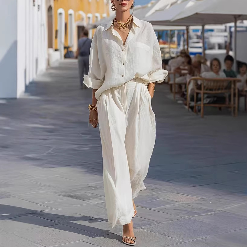 Women's Casual Lapel Long Sleeve Shirt and Pants Set Minimalist Commuter