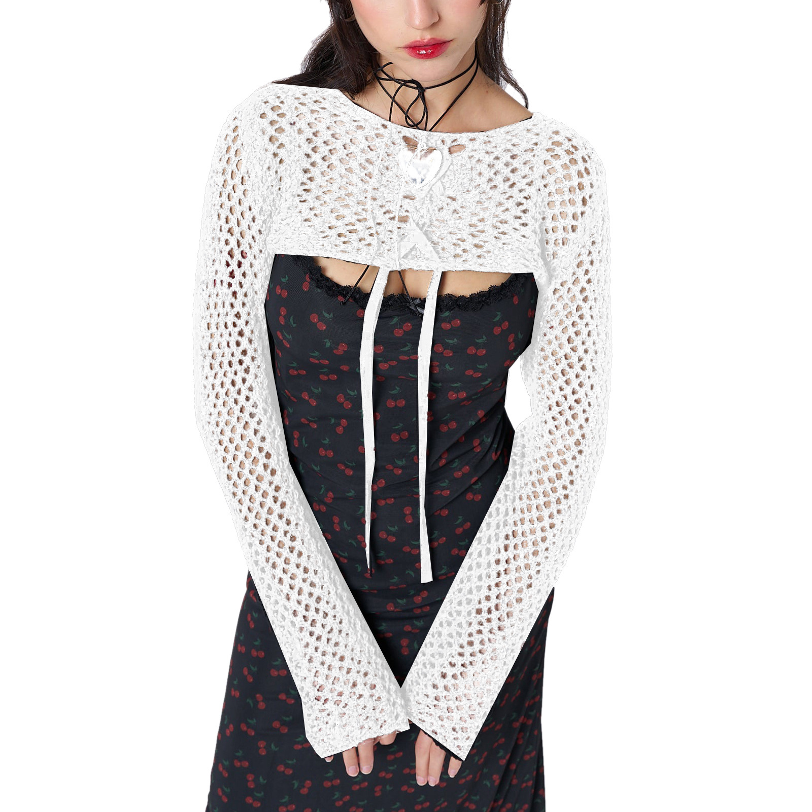 Women's Hollow-Out Sun Protection Cardigan with Tie Strap Long Sleeve Cropped Knit Top