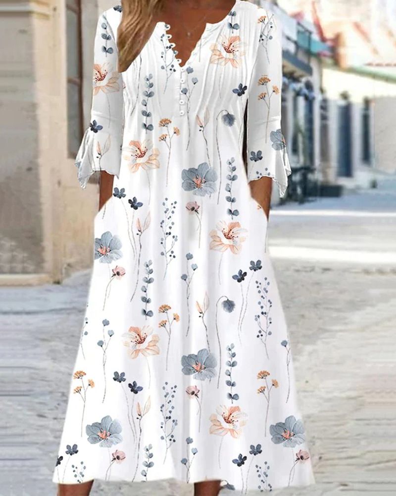 Women's Printed V-Neck Midi Dress with Adjustable Button Detail