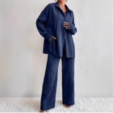 Women's Pleated Long Pants Long Sleeve Lapel Elegant Set