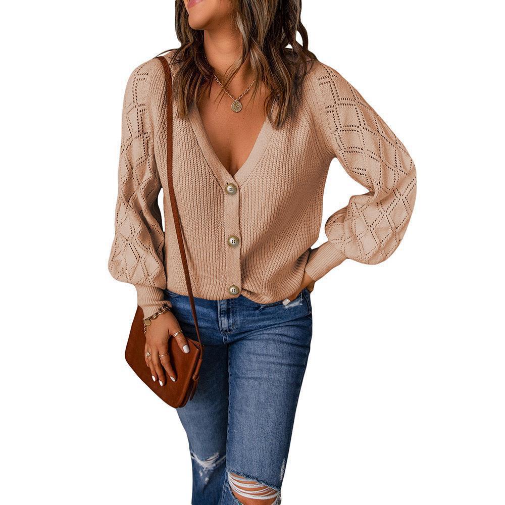 Women's Solid Quilted Puff Sleeve Knit Cardigan Loose Single-Breasted Open-Front Sweater