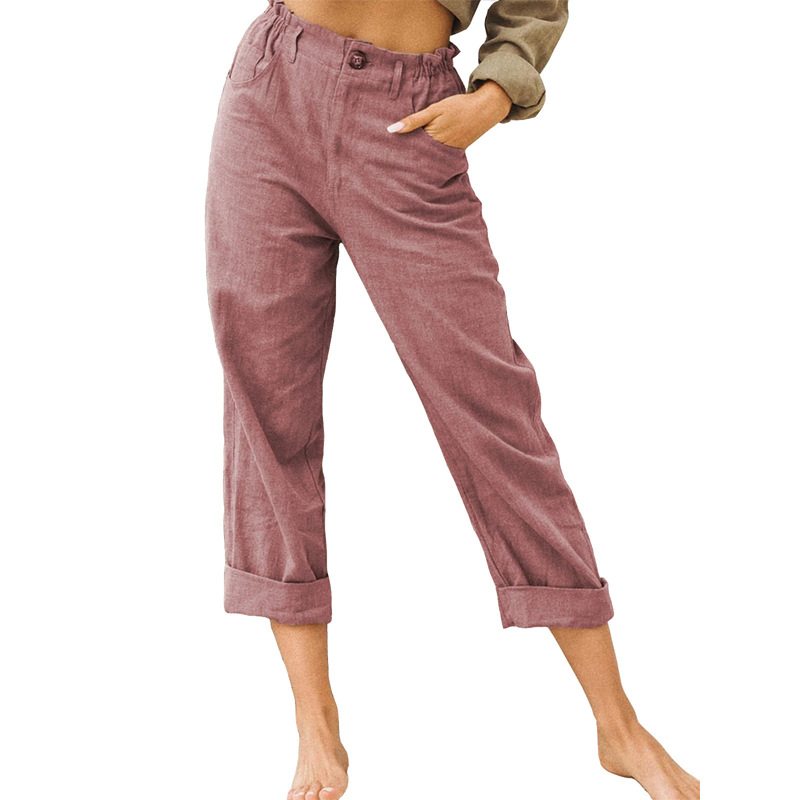 Women's Cotton-Linen High-Waist Straight-Leg Casual Pants