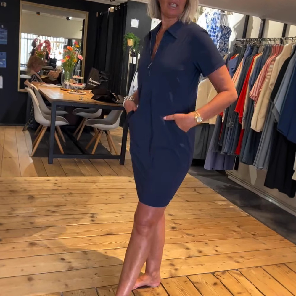 Women's Casual Short Sleeve Zip Front Solid Color Midi Dress with Collar