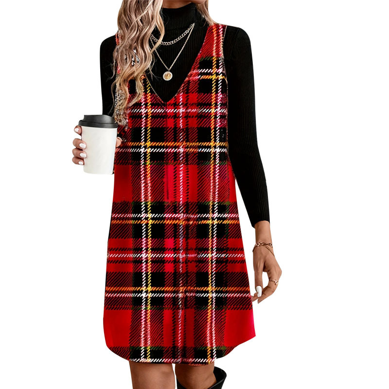 Elegant Plaid A-Line Midi Dress V-Neck Sleeveless