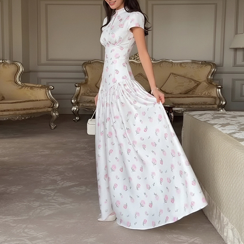 Women's Slim Fit Elegant Floral Print Waist-Cinched French Dress