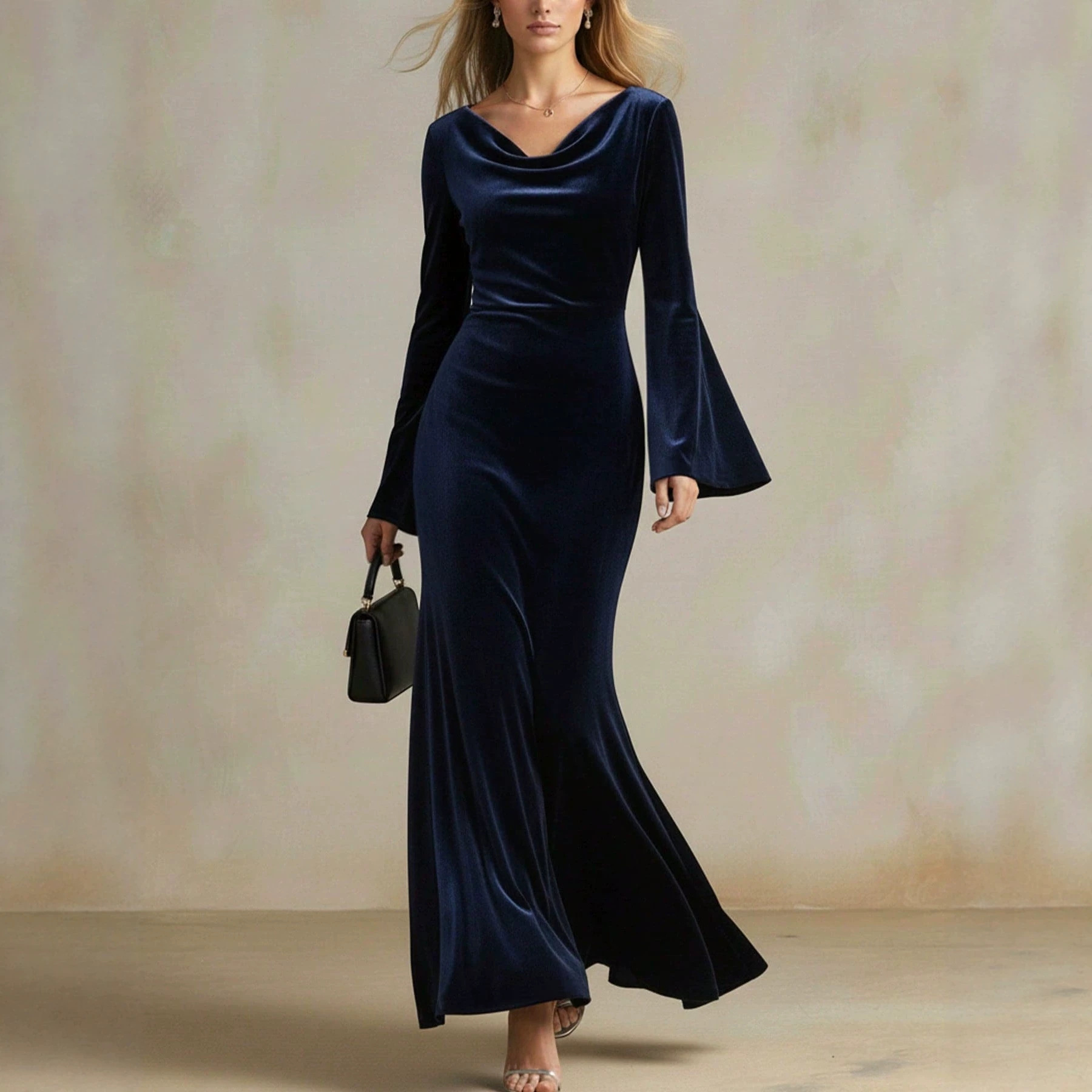 Velvet Waist-Cinching Flare-Sleeve Long Dress