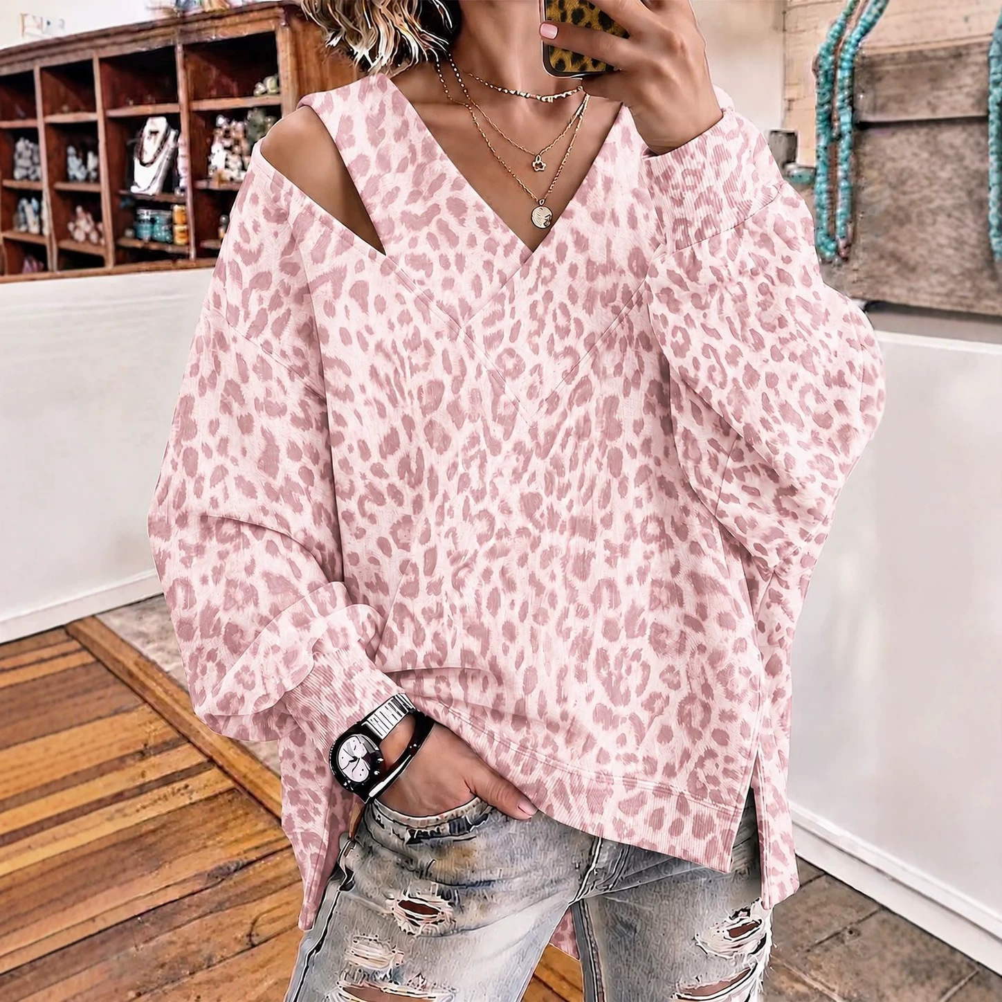 Women's V-Neck Leopard Print Long-Sleeve Sweatshirt