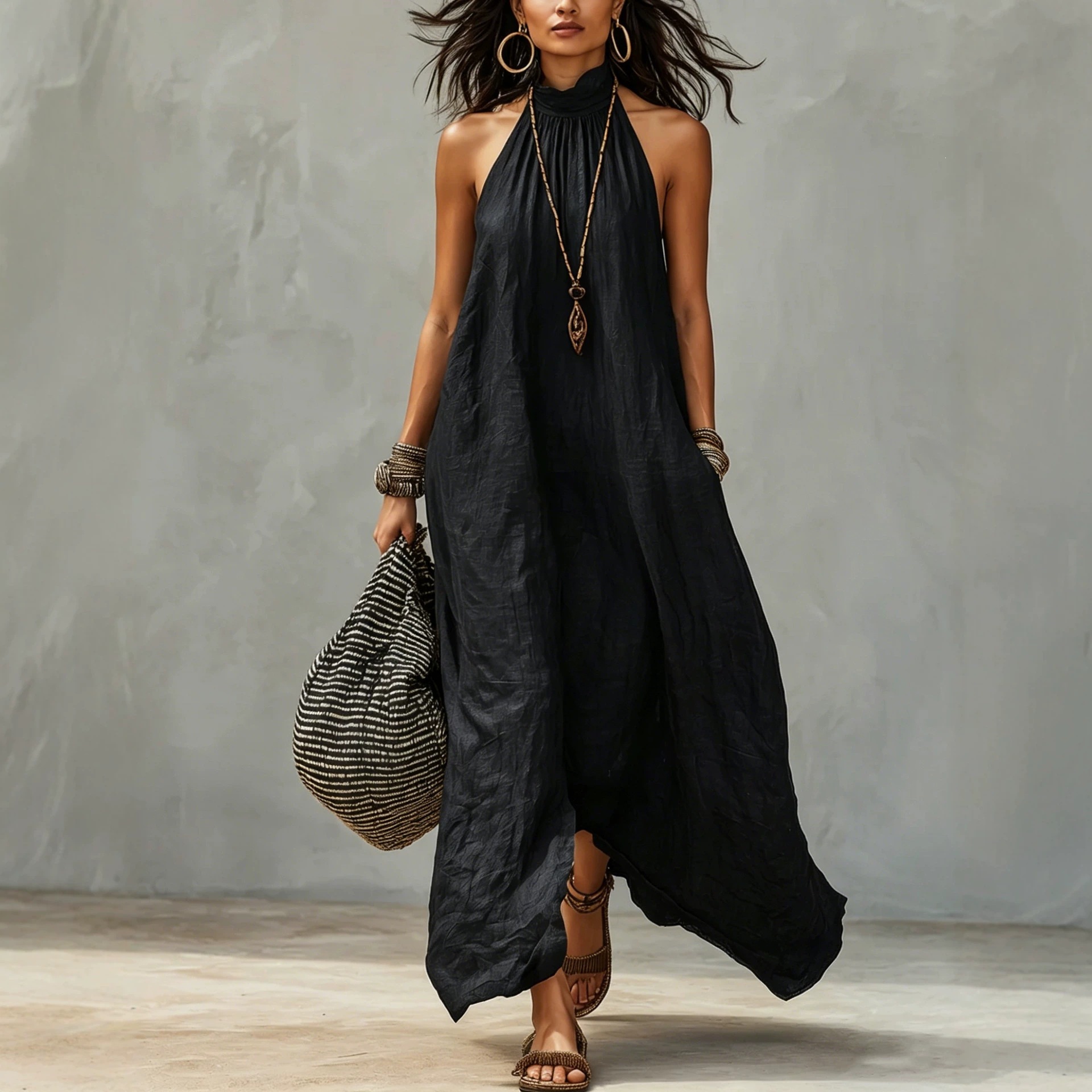 Women's Halter Open-Back Pleated A-Line Maxi Dress