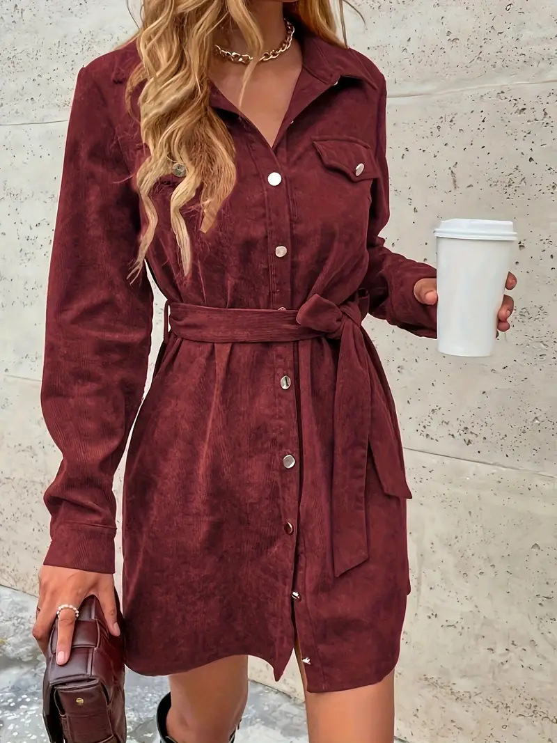 Corduroy Shirt Dress with Belt and Flap Pockets
