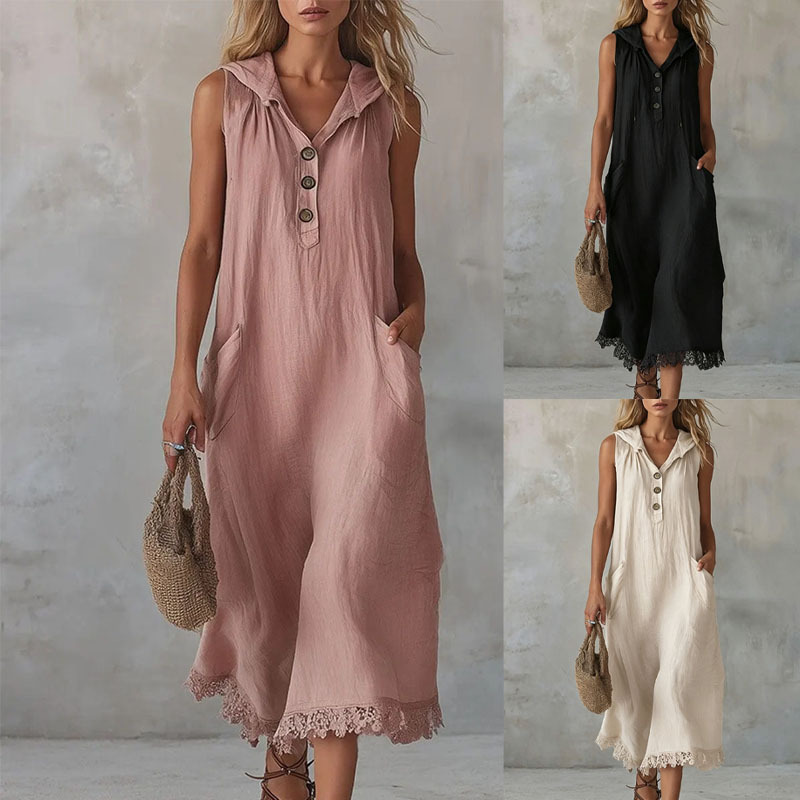 Women's Summer Hooded Dress Loose V-Neck Button Lace Trim Sleeveless Long Dress