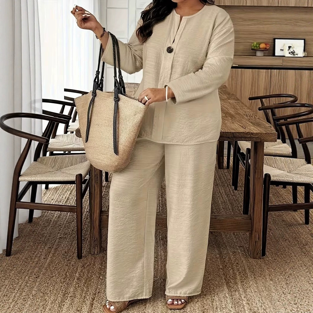 Women's Long Sleeve Cardigan & Wide-Leg Pants Two-Piece Set Solid Color Casual Elegant