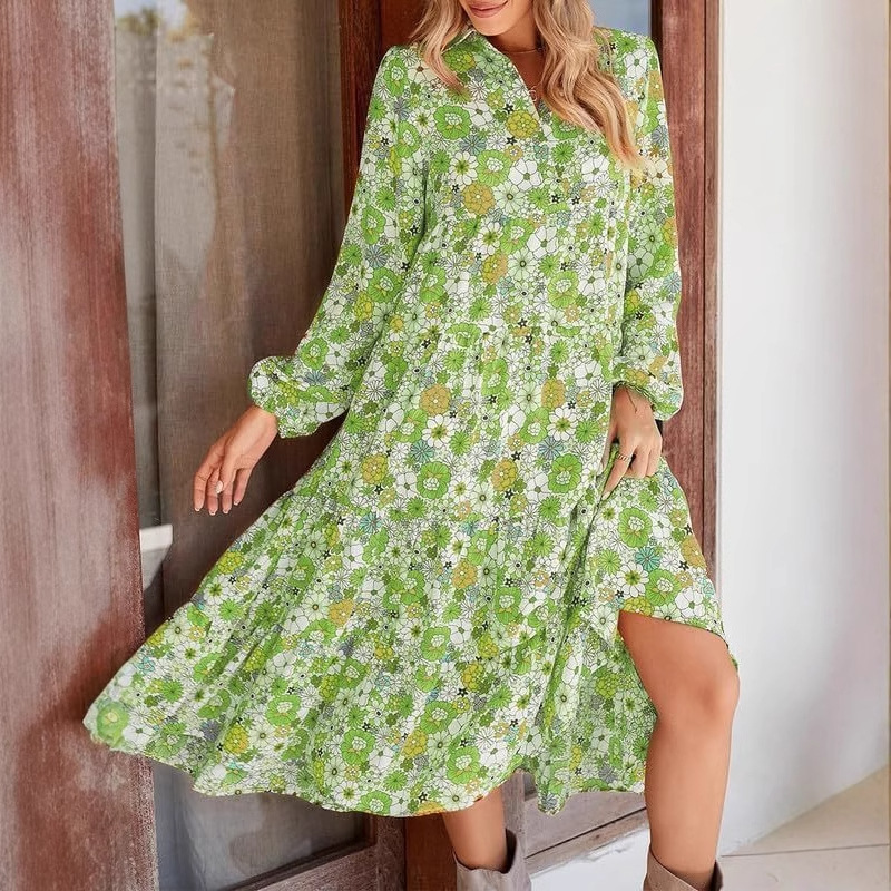 Boho Floral V-Neck Long Sleeve Bubble Sleeve A-Line Maxi Dress