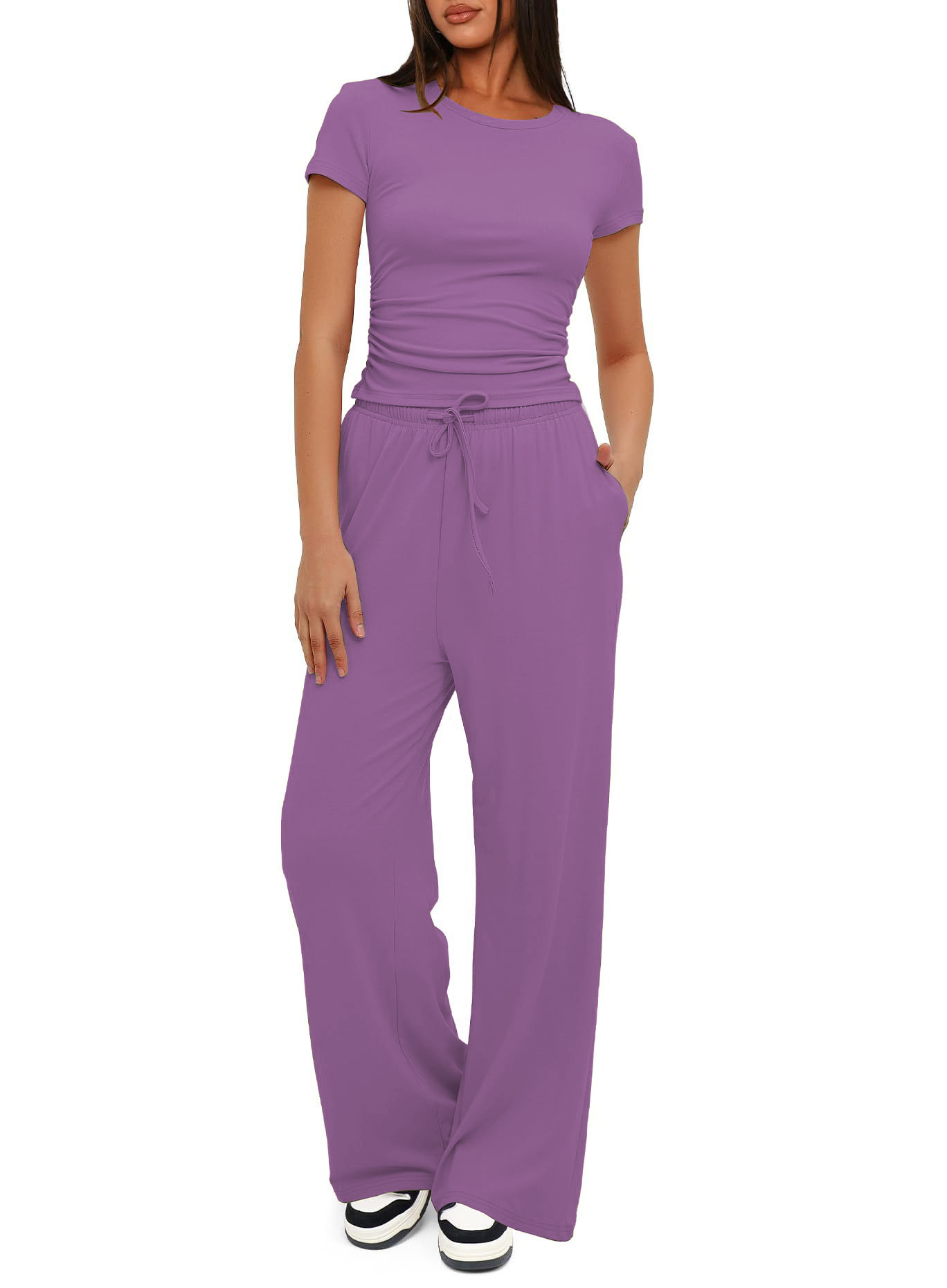 Ruched Short Sleeve Top and High-Waist Wide-Leg Pants Set