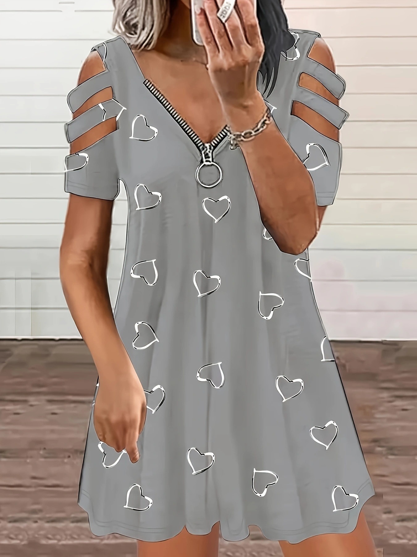 V-Neck Zip Short-Sleeve Printed Off-Shoulder Loose Casual Dress