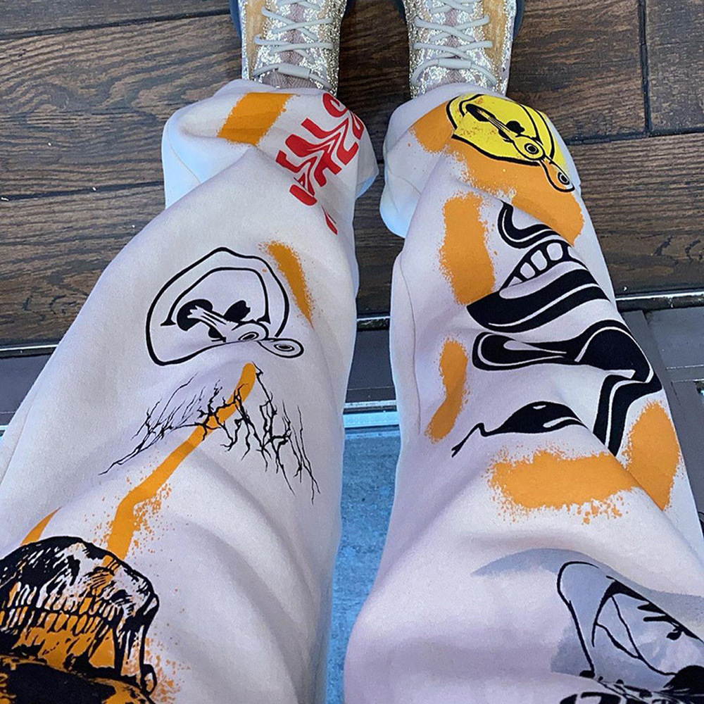 Halloween Streetwear Multi-Pattern Print Lace-Up Thick Warm Casual Pants