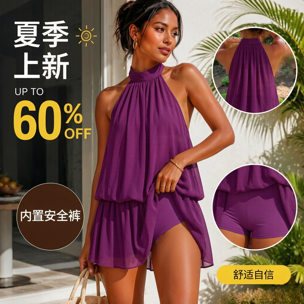 Women's Halter Open-Back Tie Chiffon A-Line Mini Dress with Built-in Shorts