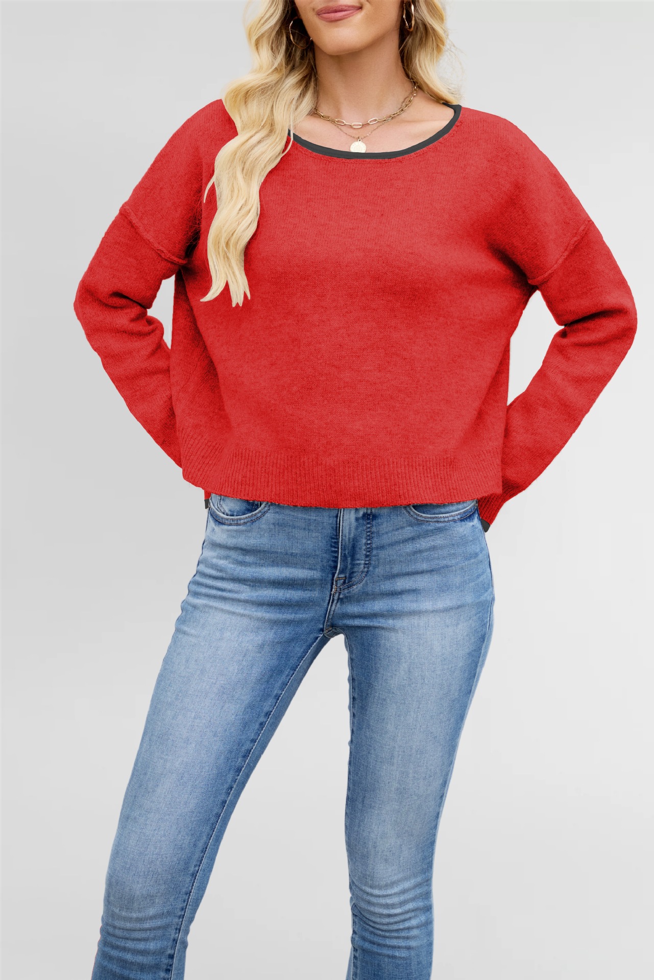 Women's Color-Block Crewneck Knit Sweater Loose Pullover