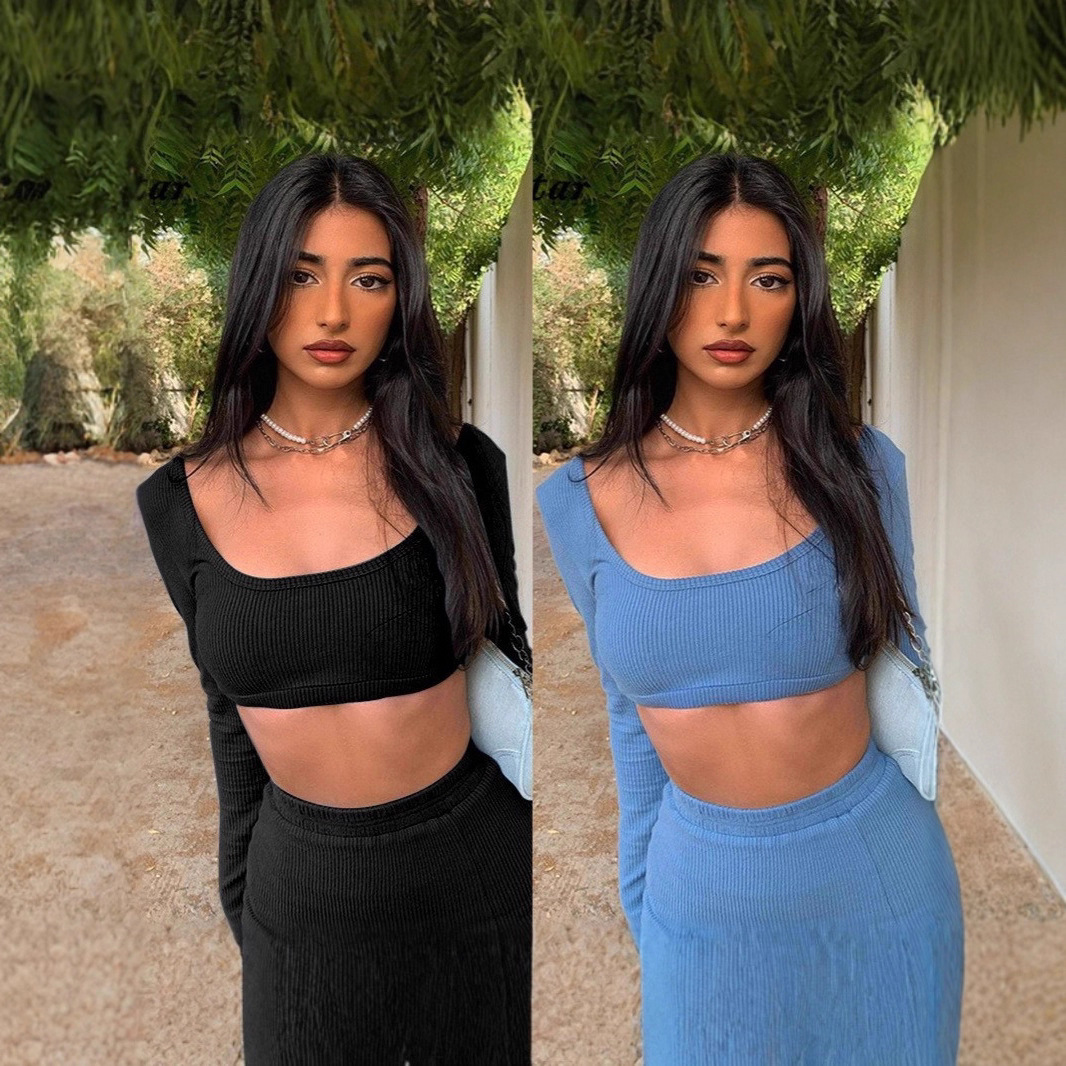 Ribbed Long-Sleeve Tank Top and High-Slit Bodycon Mini Skirt Set