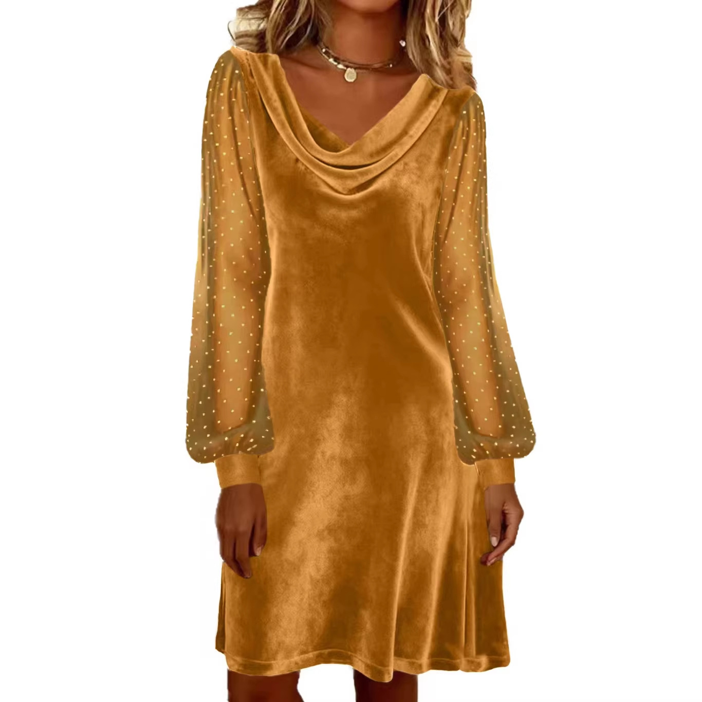 Women's Solid V-Neck Mesh A-Line Midi Dress with Sequin Detail