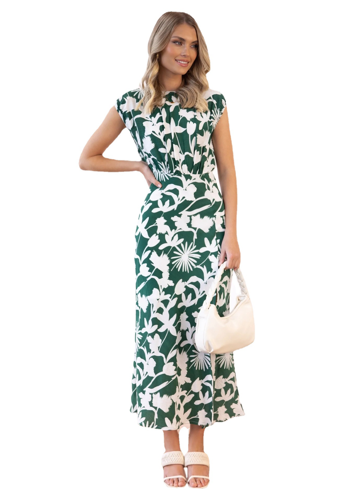Floral Print Round Neck Long Slim Fit Dress