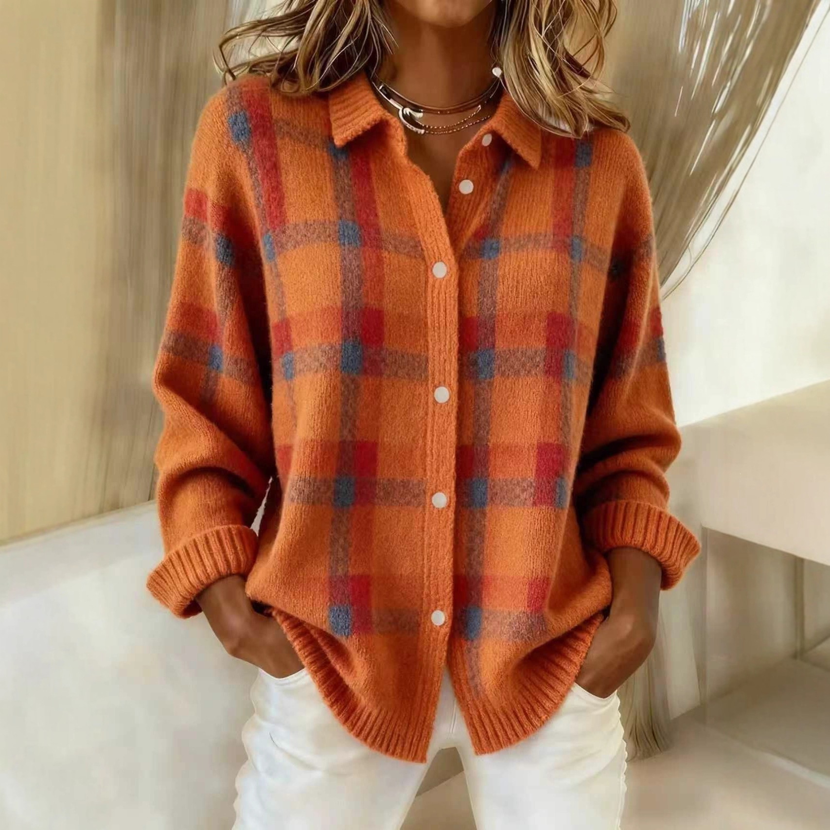 Women's Plaid Long Sleeve Collared Cardigan Sweater