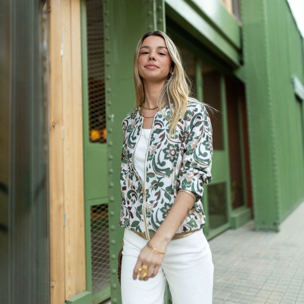 Retro Green Floral Print Zip-Up Bomber Jacket Women's Lightweight Relaxed Fit