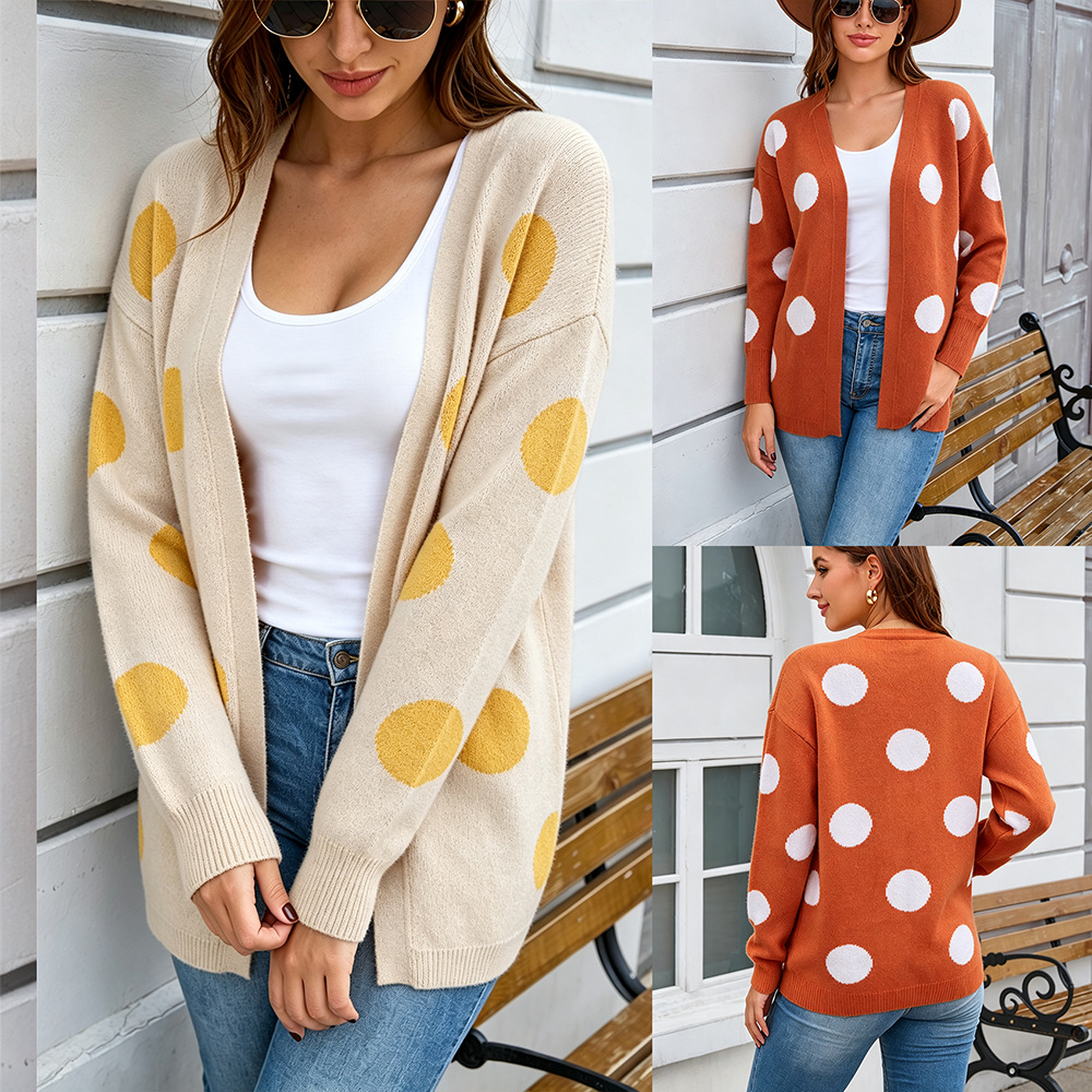 Polka Dot Knit Cardigan Long Sleeve Plus Size Women's Open Front Sweater