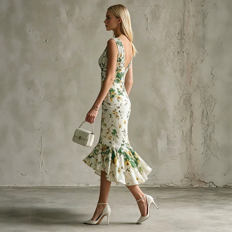 Green Floral Sleeveless V-Neck Ruffle Midi Dress