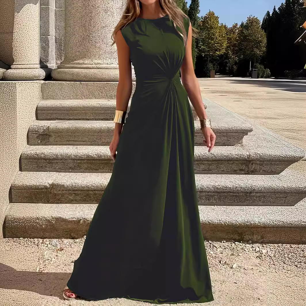 Women's Elegant Round Neck Sleeveless Long Dress Waist-Cinched Commuter