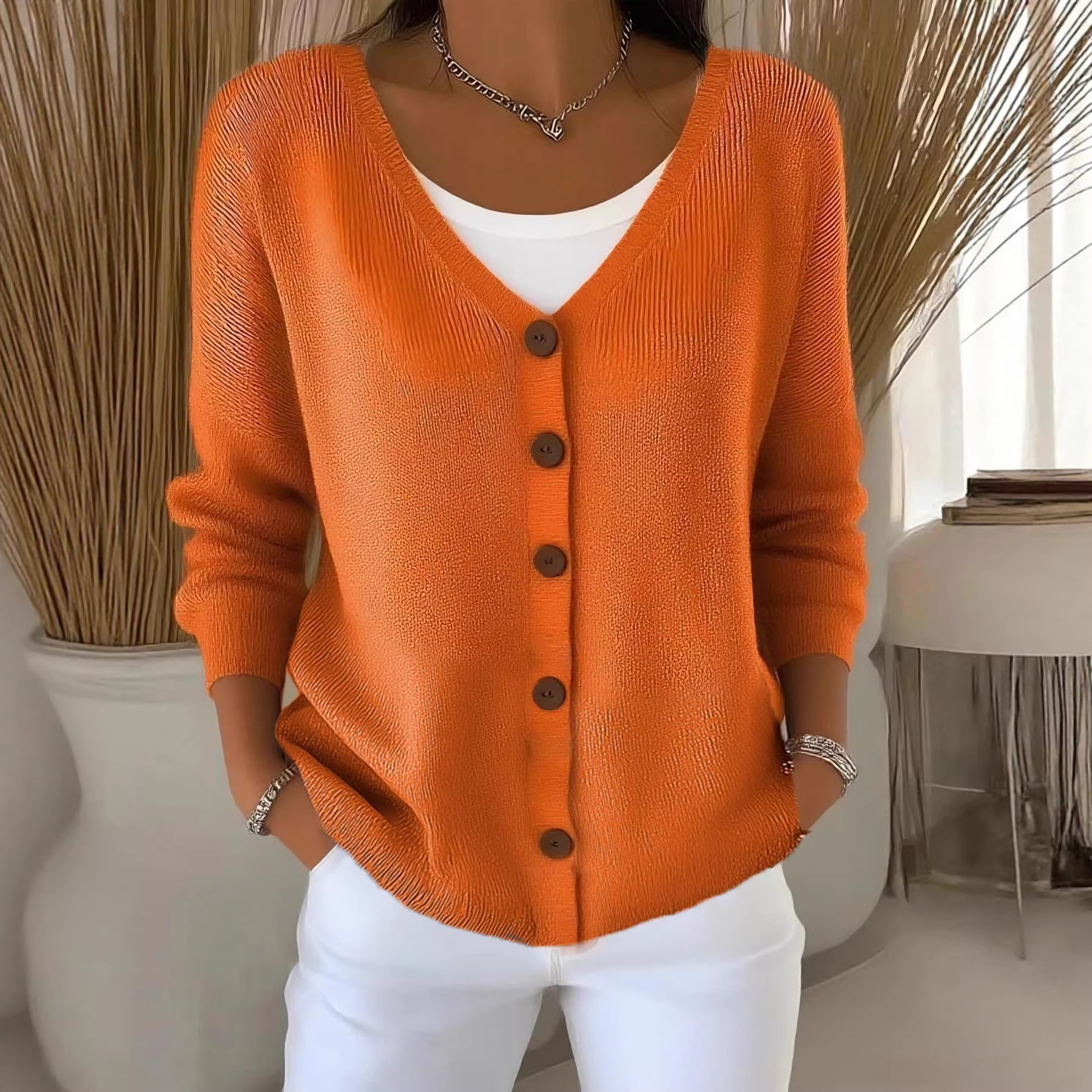 Women's Solid Knit Cardigan Sweater Coat V-Neck Button-Up Relaxed Fit