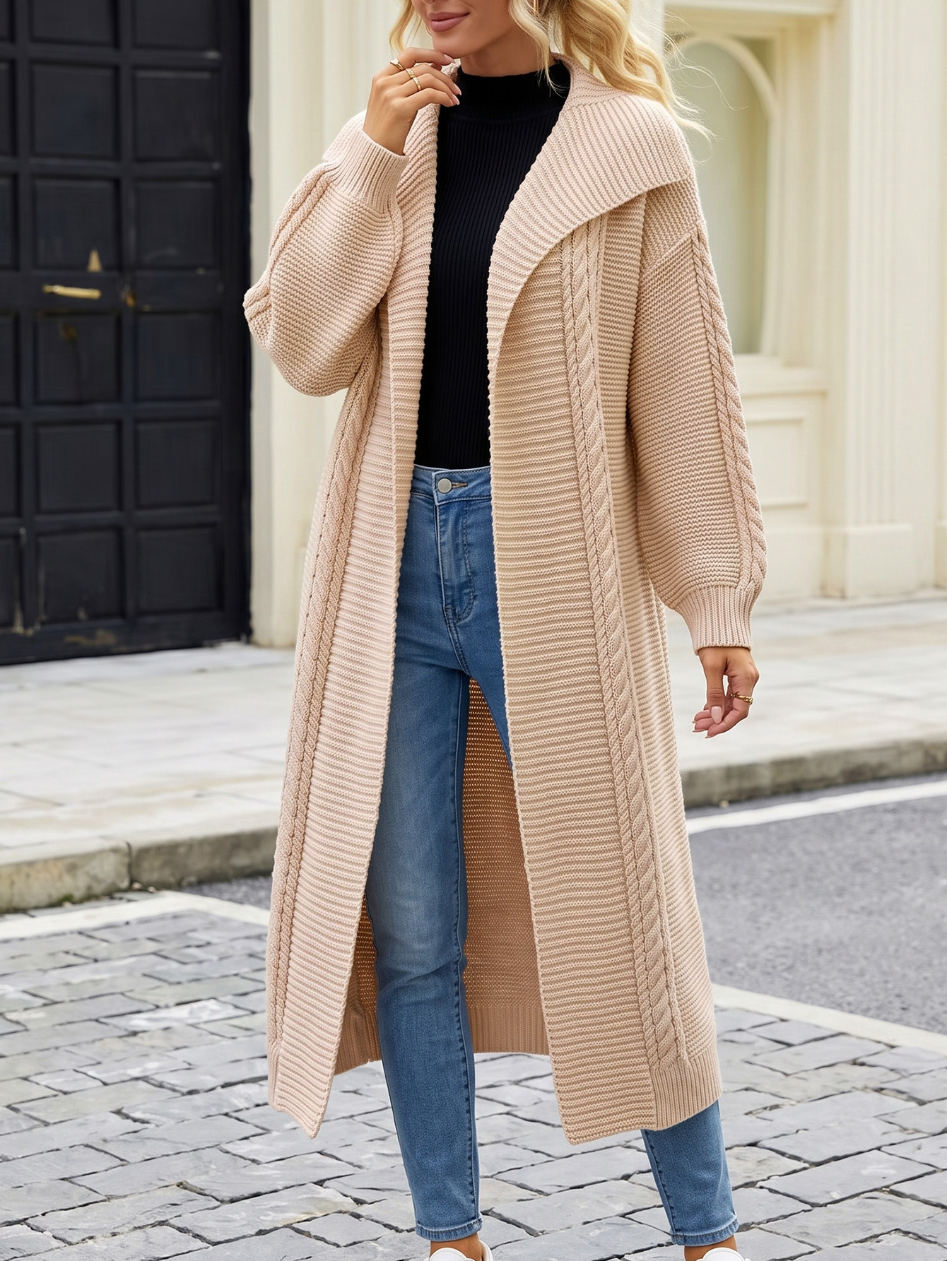 Women's Cable Knit Long Cardigan Sweater Loose Thick Lapel Coat