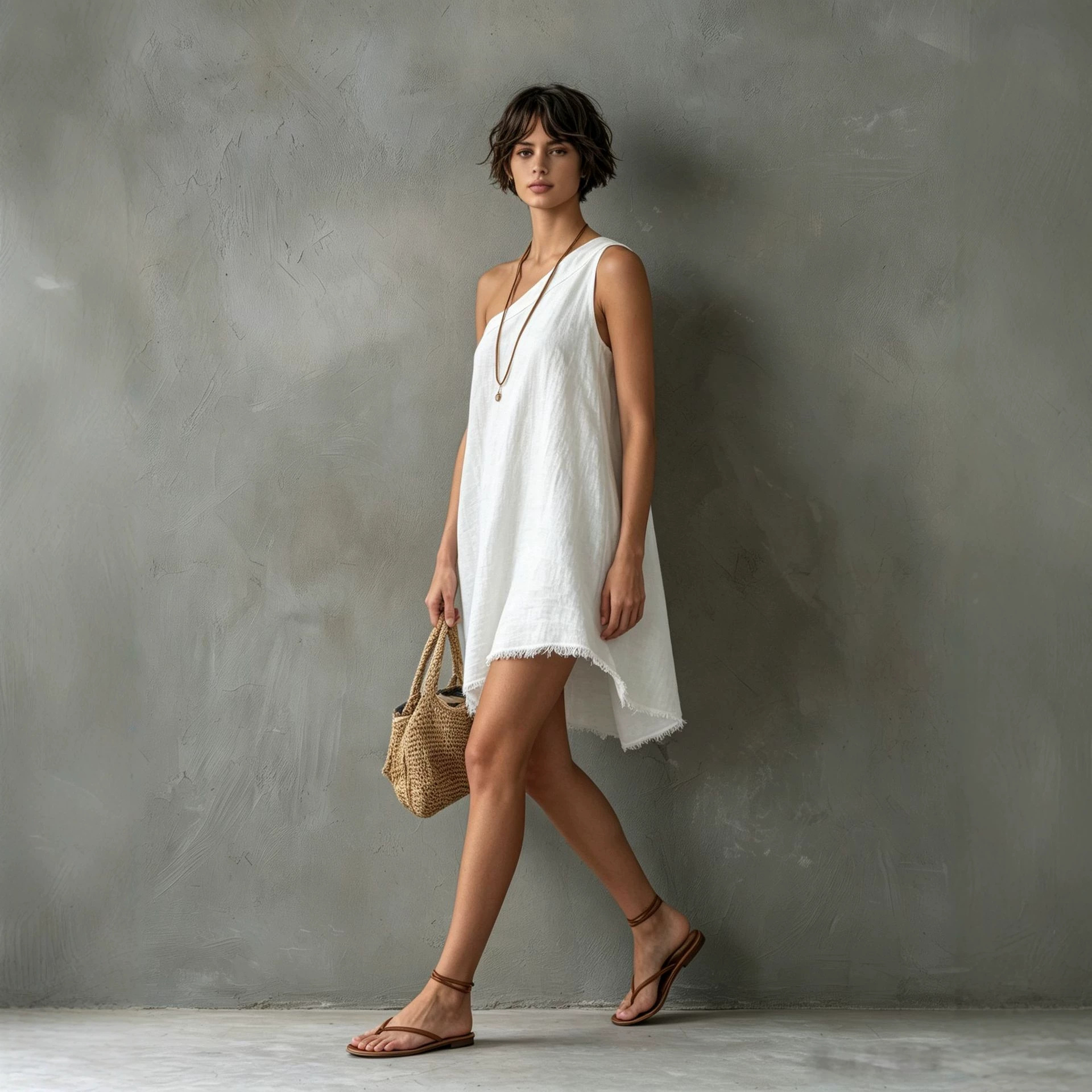 Minimalist Linen-Blend One-Shoulder Sleeveless Frayed Mini Dress