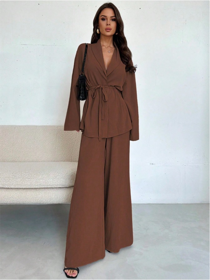 V-Neck Long Sleeve Wide-Leg Pants Set
