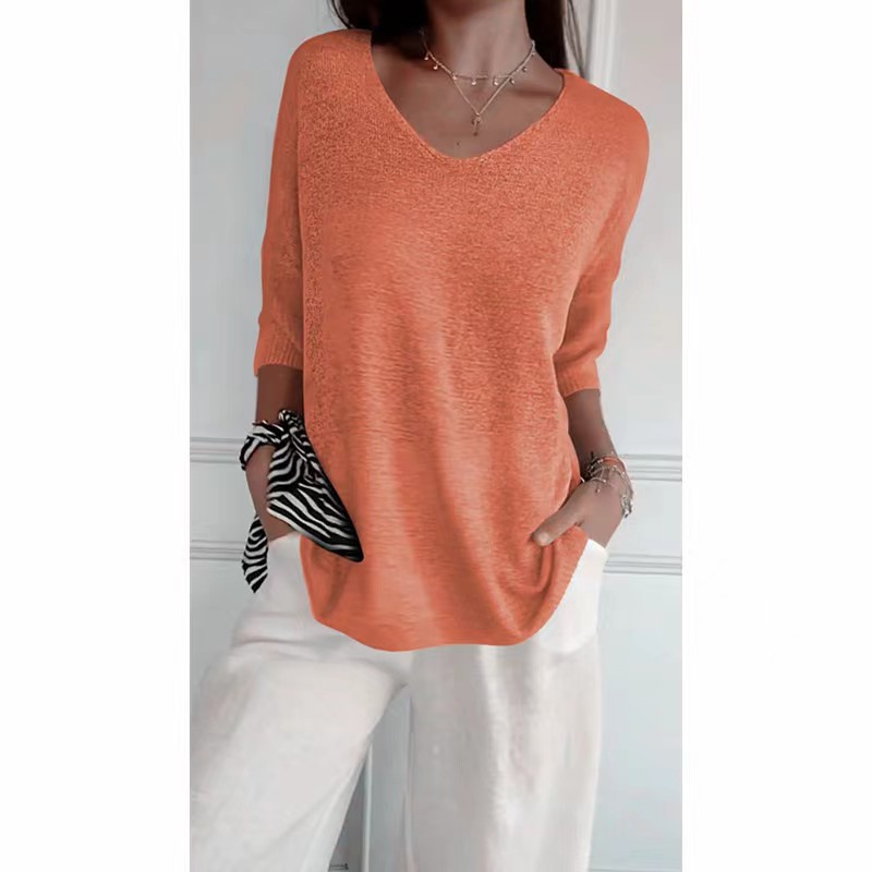Women's V-Neck Knit Sweater Slimming Solid Color Pullover