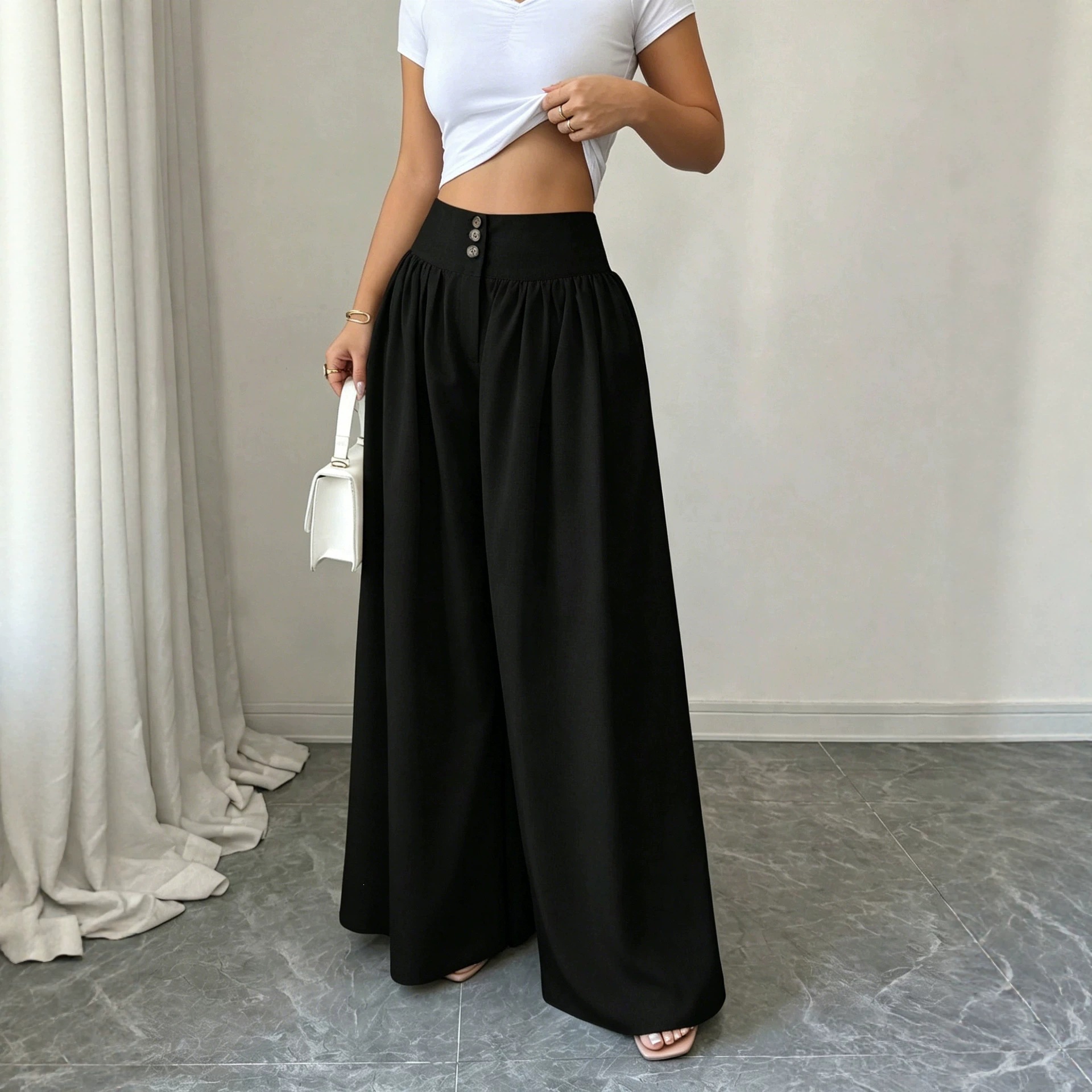 High-Waist Three-Button Wide-Leg Drapey Pants