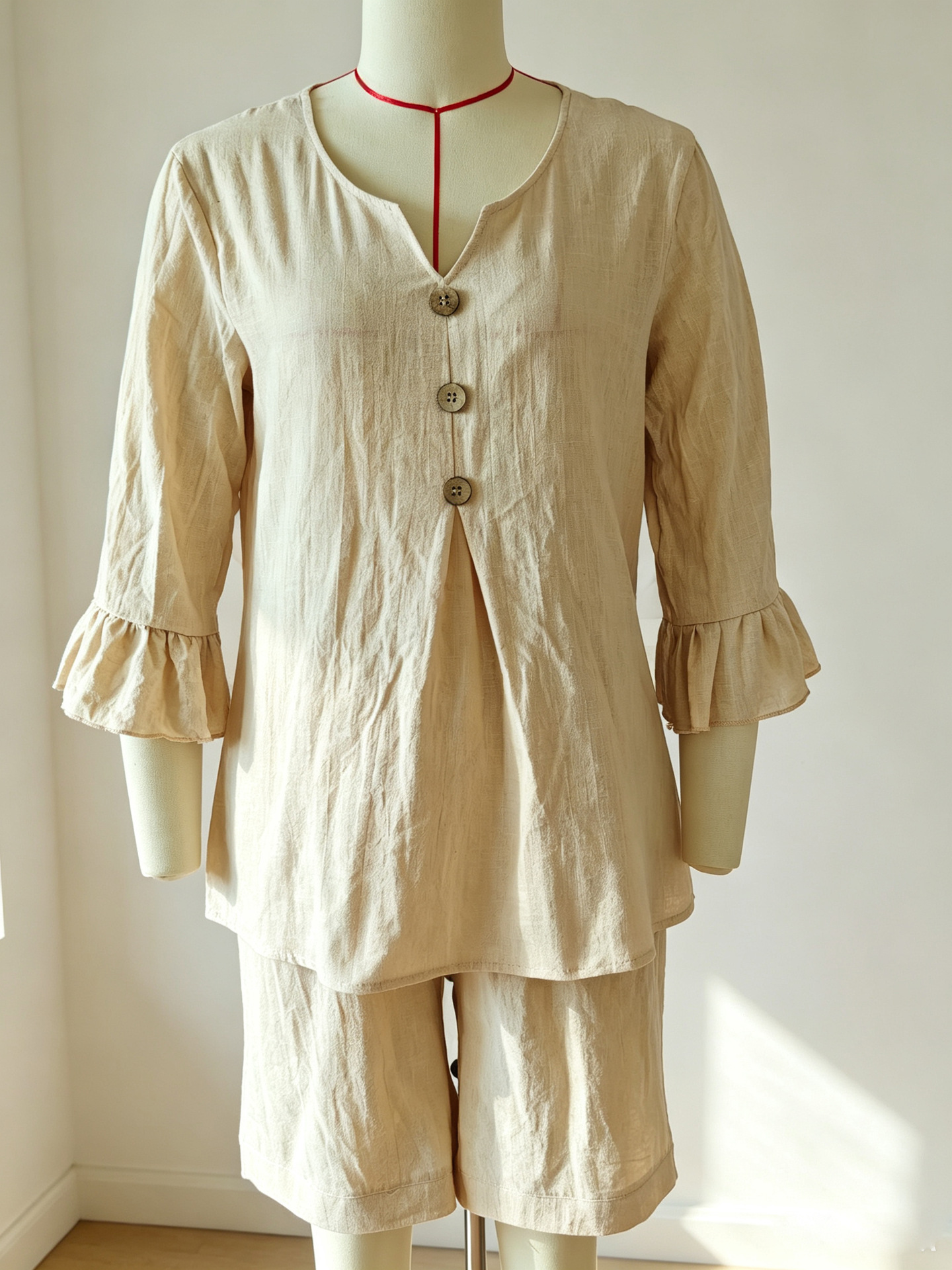 Women's Casual Two-Piece Linen Shorts Set with Button Detail