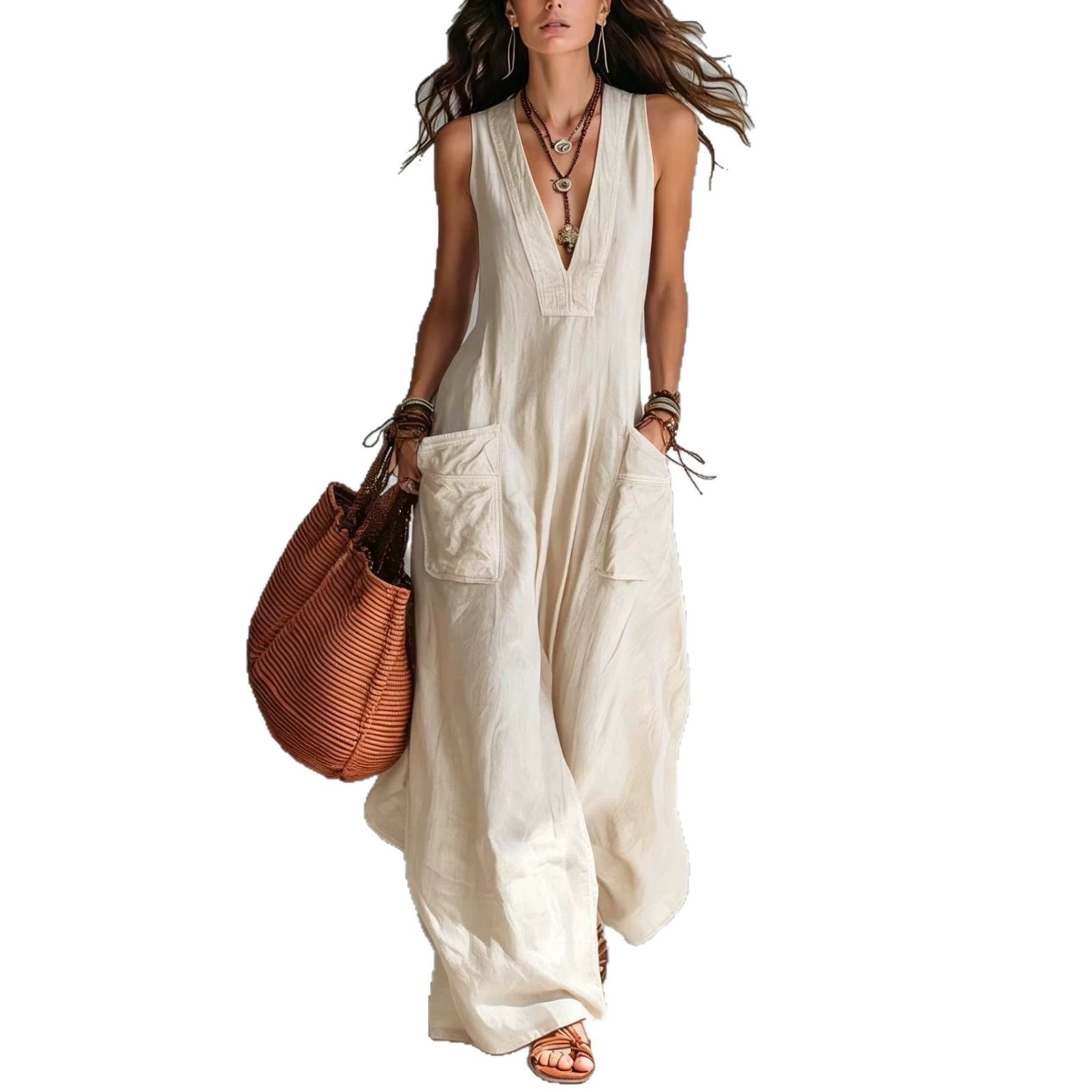 Women's Solid V-Neck Loose Wide-Leg Jumpsuit with Pockets