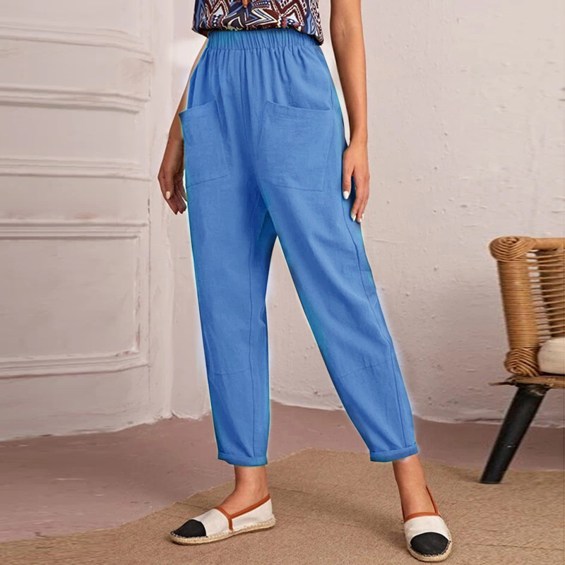 Women's All-Season Cotton-Blend Cropped Pants with Elastic Waist and Slant Pockets