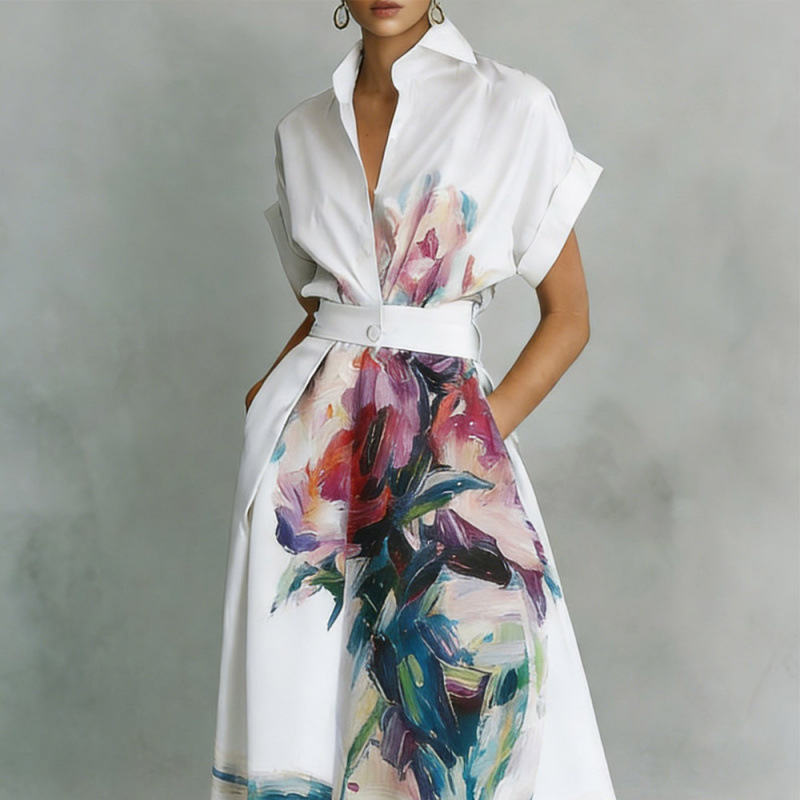 Floral Print Long Shirt Dress with Polo Collar