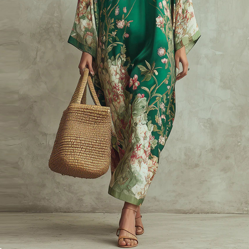 Bohemian Deep V-Neck Floral Print Long Dress