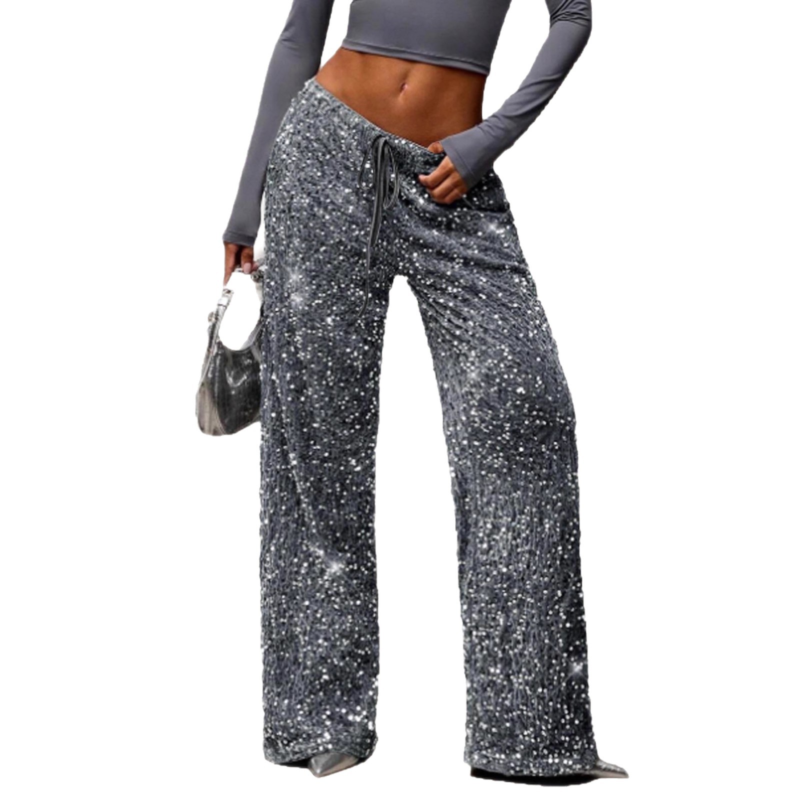 Sequin Drawstring Straight Leg Pants Stretch Slimming Women's