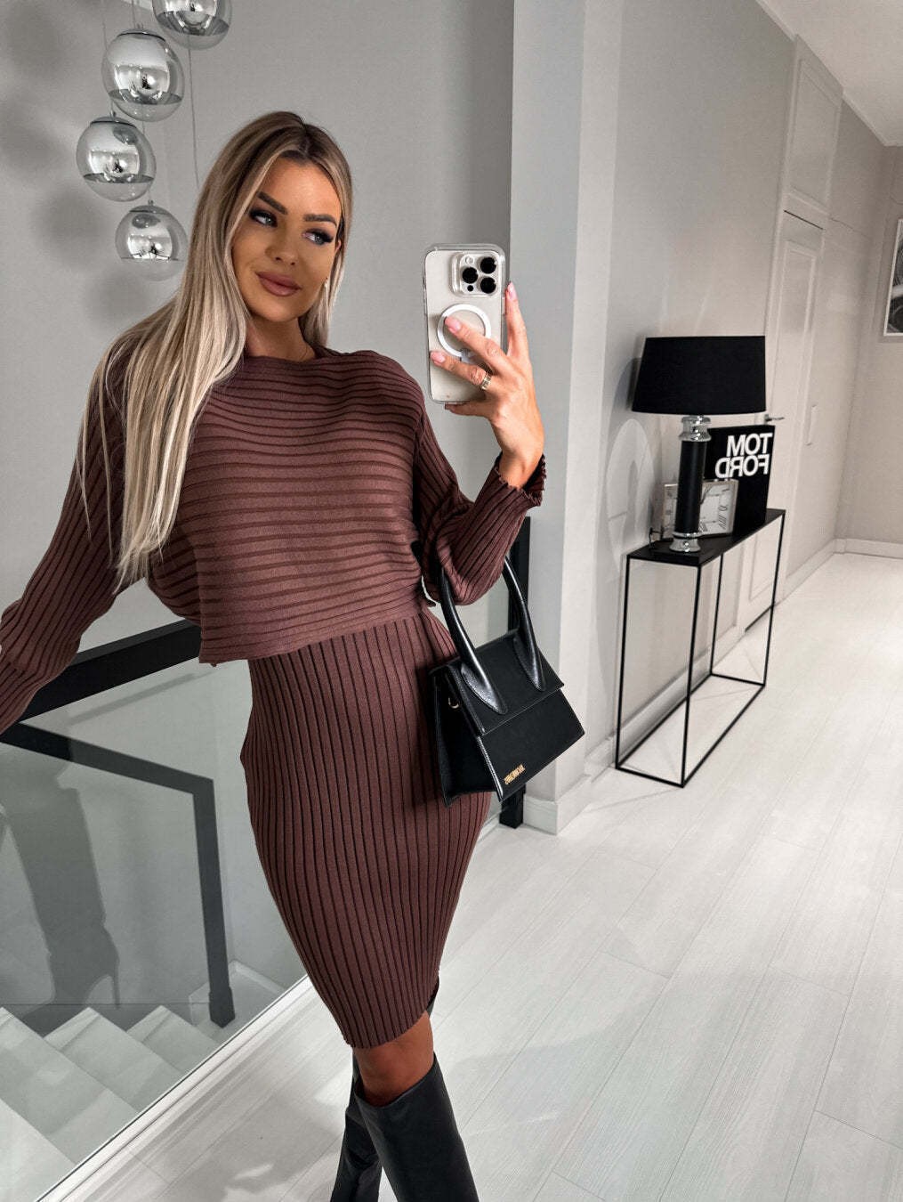 Women's Ribbed Long-Sleeve Top and Cami Dress Set
